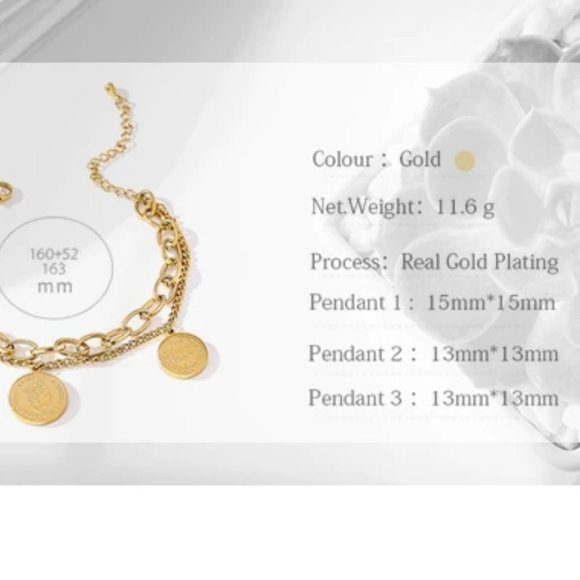 New 18K Gold Plated Vintage Coin Queen Elizabeth Link Chain Layered Bracelet - Picture 5 of 5